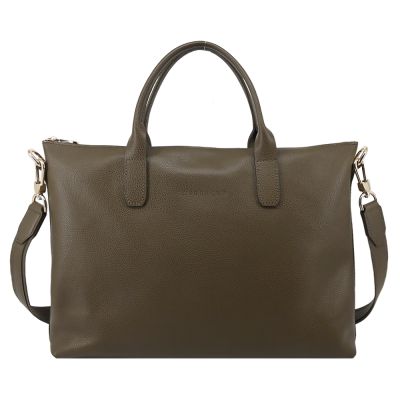 LONGCHAMP LE FOULONNÉ系列牛皮手提/斜背兩用公事包(小/酸豆綠)
