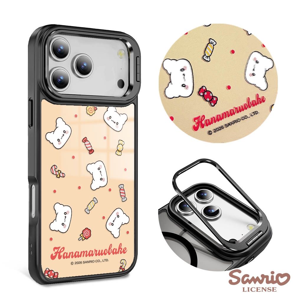 三麗鷗 iPhone 18/17/16/15/14/13系列 防摔合金框隱形立架鏡面磁吸手機殼-滿版花丸-黑框