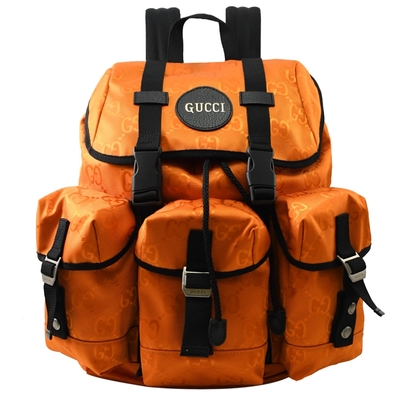 GUCCI 古馳 Off The Grid 經典GG緹花尼龍休閒商旅翻蓋束口後背包(橘/黑)