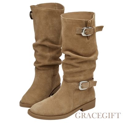 【Grace Gift】慵懶隨性麂皮雙層皮帶扣堆堆長靴 駝