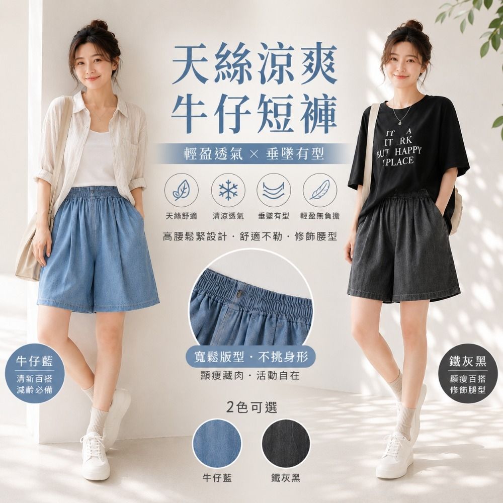 【Amore】夏日顯瘦天絲涼爽牛仔短褲2色 M-XL (牛仔藍)