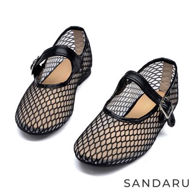 山打努SANDARU-瑪莉珍 法式透膚網紗平底芭蕾鞋-黑