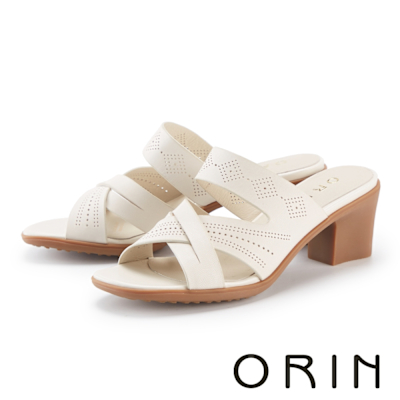 ORIN 真皮造型沖孔交織粗跟拖鞋 米白