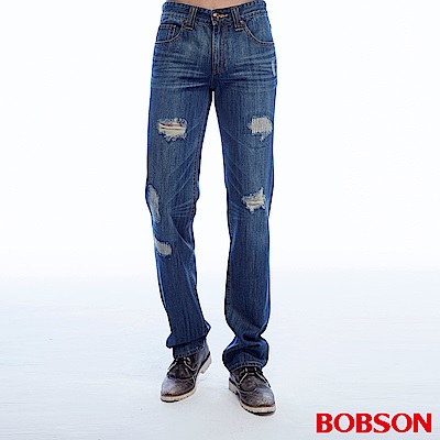 BOBSON 男款低腰刷破深藍直筒褲