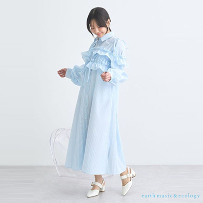 【earth music】【SET ITEM】條紋襯衫式洋裝+短版荷葉摺邊吊帶背心