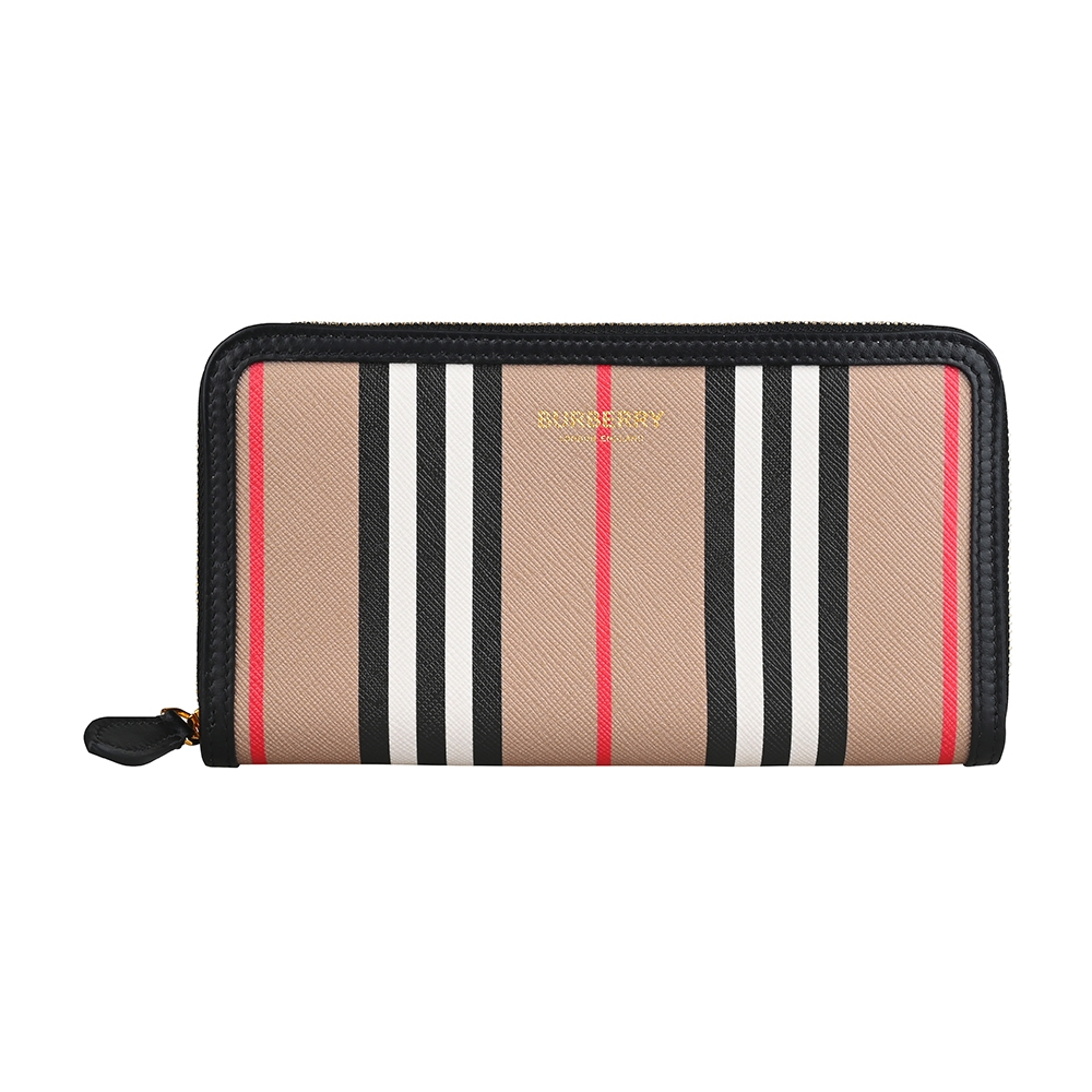 BURBERRY燙金字母LOGO直條紋設計環保帆布12卡拉鍊長夾(典藏米x棕)