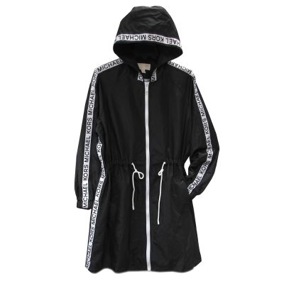MICHAEL KORS 品牌邊飾連帽輕量型綁帶長版風衣(黑色)