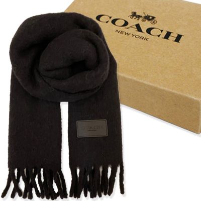 COACH 新款方標LOGO雙面羊駝毛流蘇保暖圍巾禮盒(黑)
