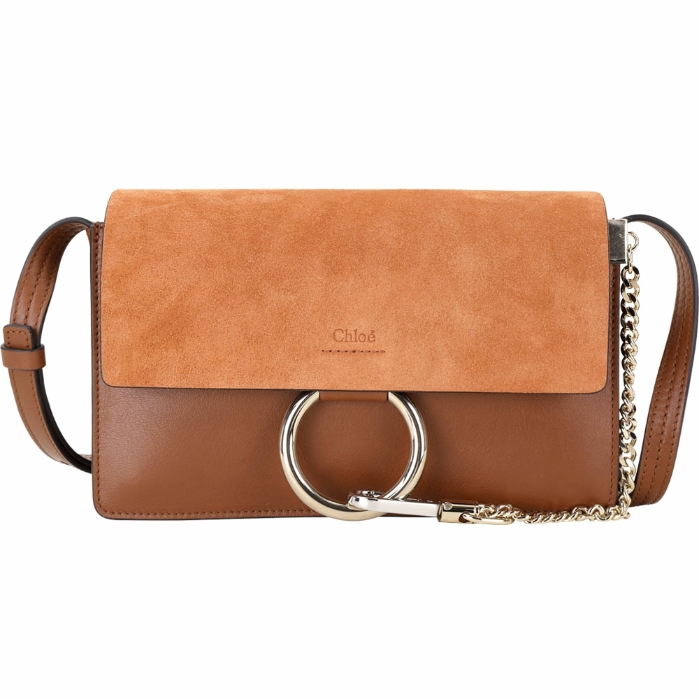 CHLOE 蔻依Faye 小款麂皮拼接小牛皮肩背/斜背包(煙草色) | 歐系精品包/配件| Yahoo購物中心