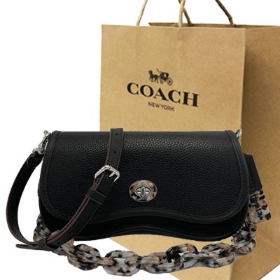 COACH 專櫃款素面牛皮玳瑁圖案鏈帶肩斜/背兩用包附紙袋(黑)