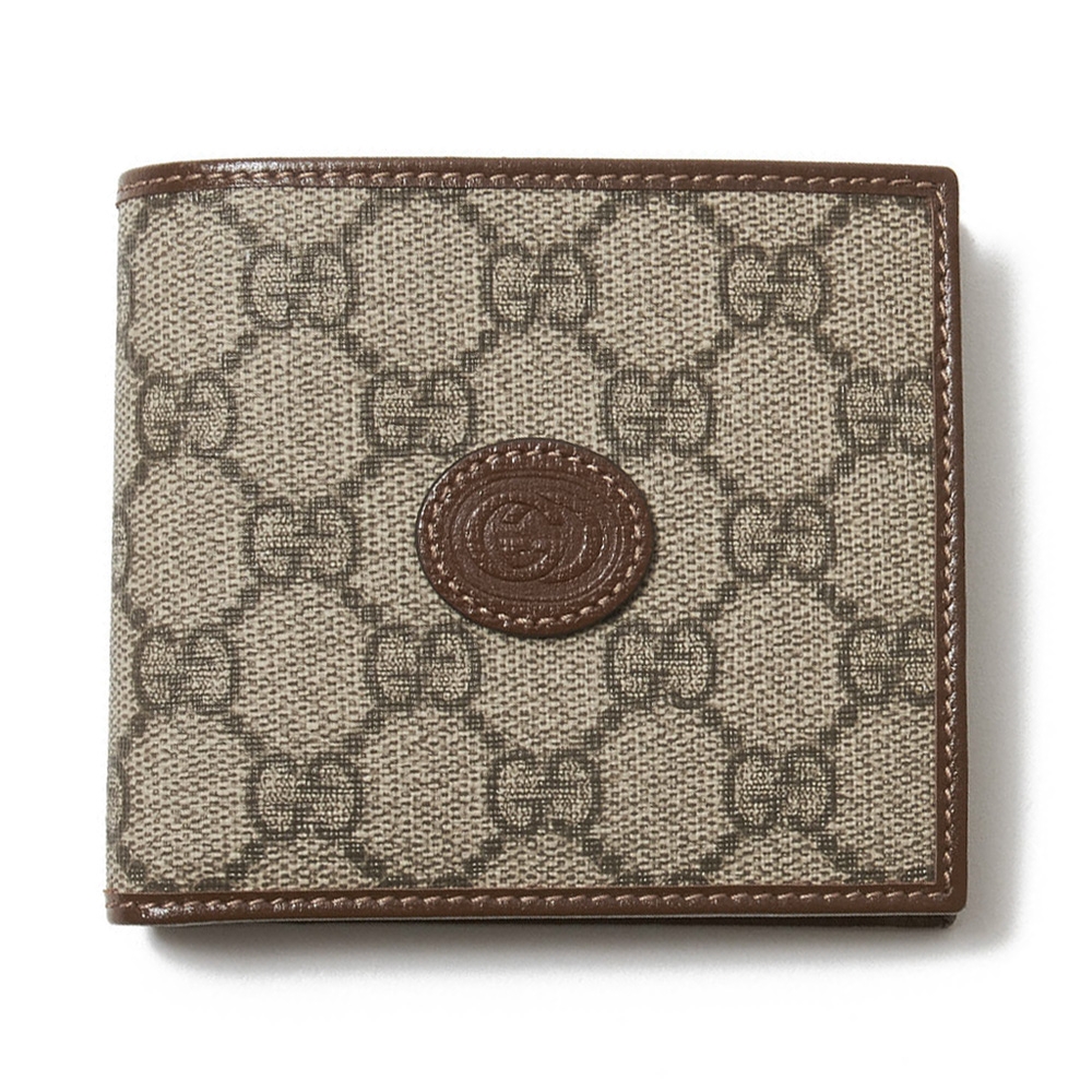 【GUCCI 古馳】673000 經典Interlocking G系列皮雕LOGO中性款對開零錢格錢包短夾(棕色)