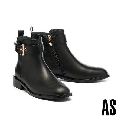 短靴 AS 簡約雅致方釦寬帶牛皮低跟短靴-黑