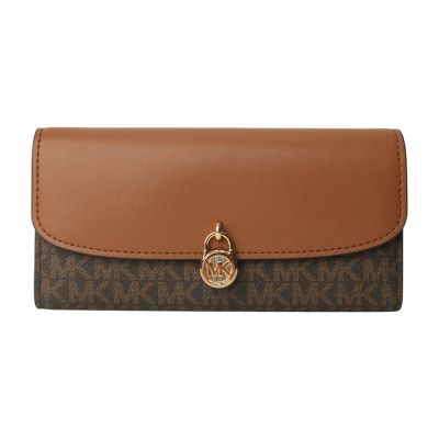 MICHAEL KORS 鎖頭拚色防刮LOGO 皮革暗釦長夾(咖x駝)