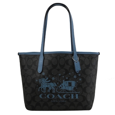 COACH 大馬車LOGO滿版印花肩背包/托特包(黑灰/藍邊 小款)