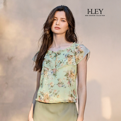 ILEY伊蕾 花朵印花荷葉小蓋袖上衣(淺綠；M-XL)