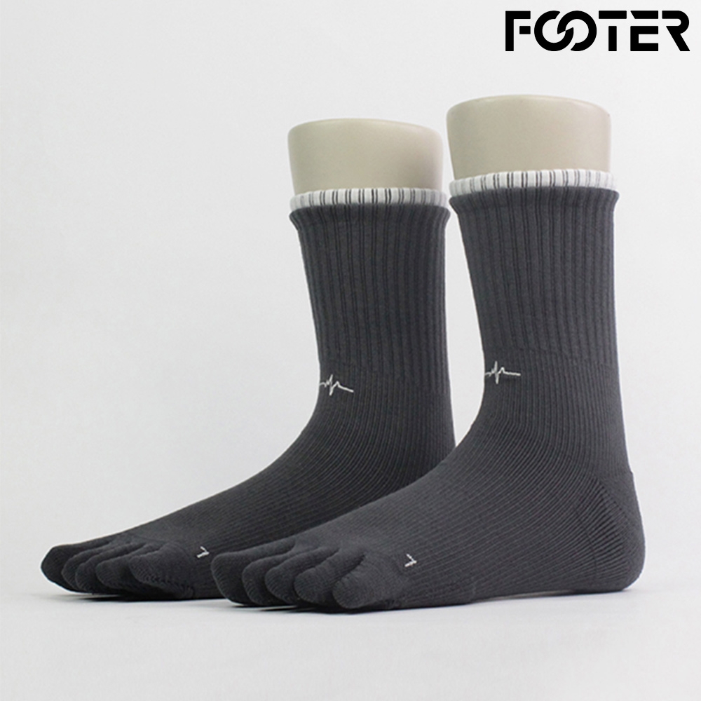 【FOOTER除臭襪】刺繡輕壓力高筒五趾襪(F02-深灰)