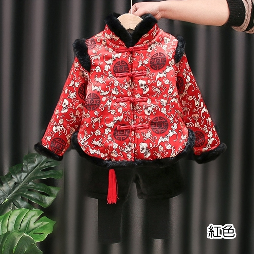 黑色毛邊刺繡花紋鋪棉套裝 棉襖 大紅 拜年服 童裝 過年 唐裝 男童 兒童 橘魔法 現貨【BB7233】 (紅色)