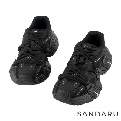 山打努SANDARU-老爹鞋 潮流雙鞋帶厚底真皮休閒鞋-黑