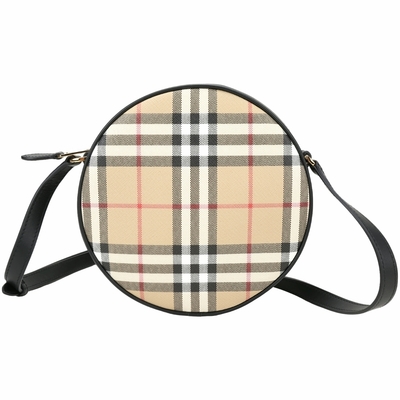 BURBERRY 巴寶莉 Louise Vintage 格紋環保帆布拼牛皮圓型斜背包(典藏米)