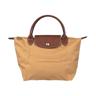 LONGCHAMP LE PLIAGE金屬刻印LOGO防潑水尼龍短把拉鍊手提水餃包(小/駝鹿棕)