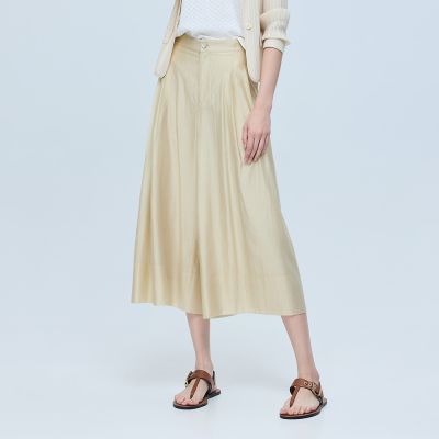 ILEY伊蕾 優雅雙打摺光澤感長寬褲(杏；M-XL)