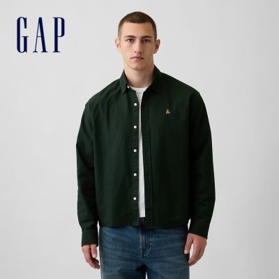 【GAP】寬鬆短款直版牛津襯衫-深墨綠(909177)