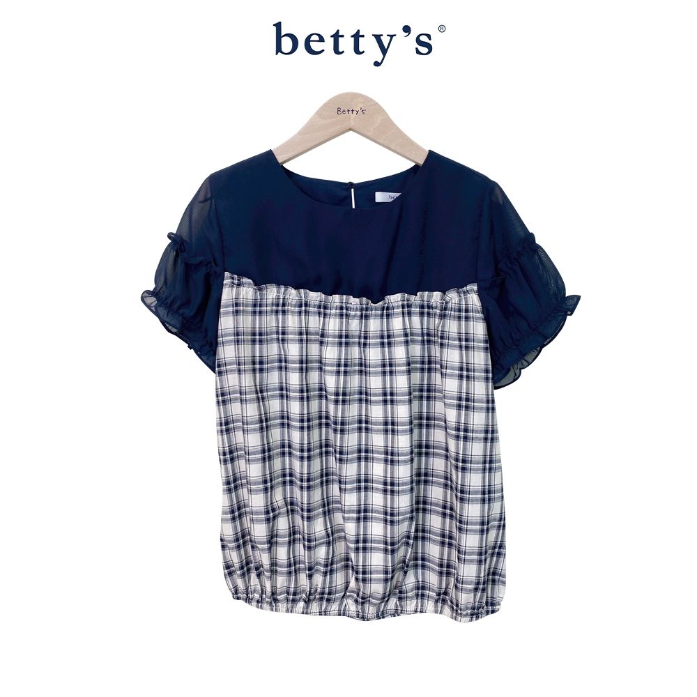 betty’s貝蒂思　撞色格子拼接荷葉袖上衣(共二色) (藍色)