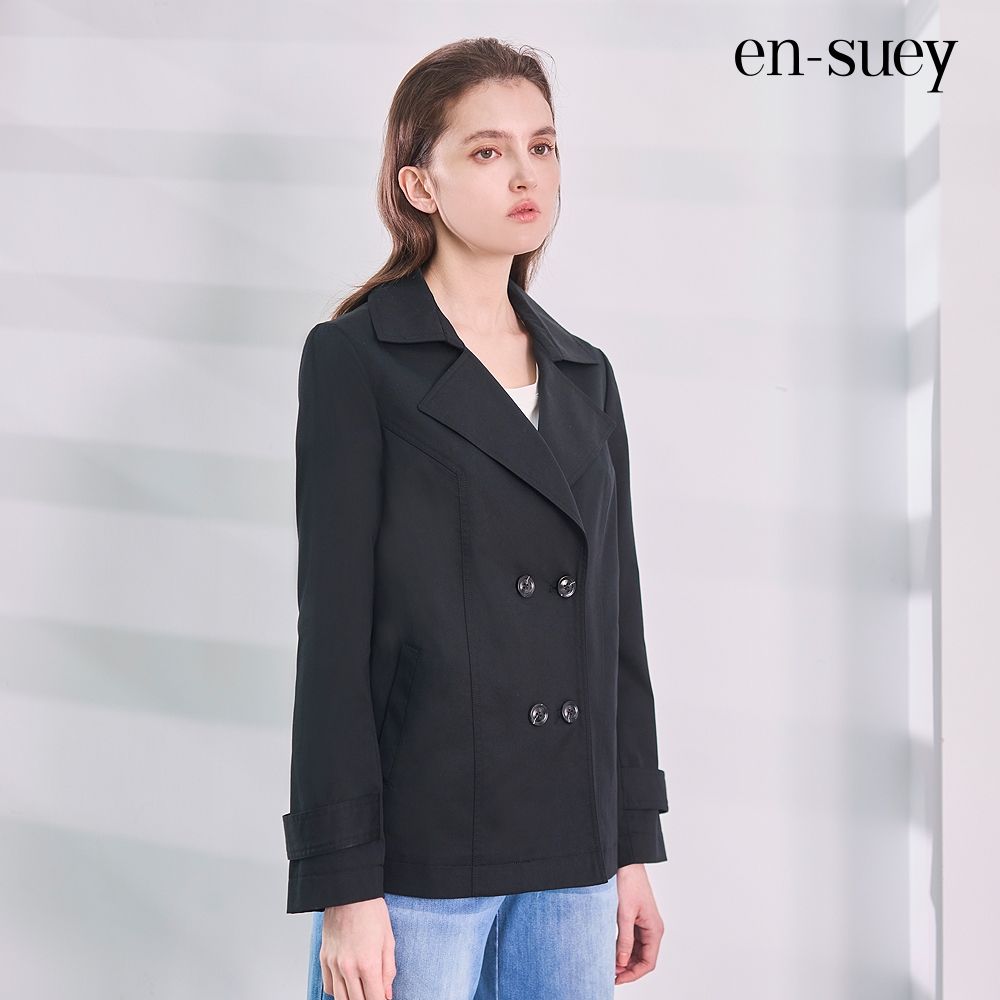 【en-suey 銀穗】率性翻領短版風衣外套 (黑色)