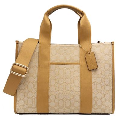 COACH 經典C LOGO緹花織布拼牛皮手提/斜背兩用琴譜大方包(淺茶杏)