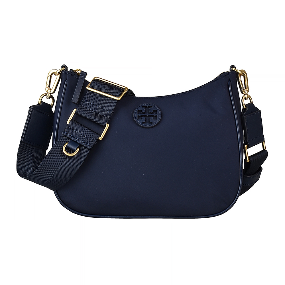 TORY BURCH 圓形皮標簍空雙T LOGO尼龍拉鍊斜背包(深藍) | 斜背包