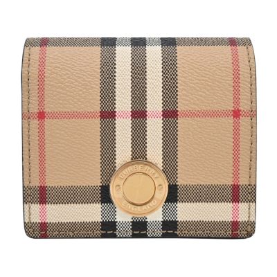 BURBERRY 浮雕LOGO格紋皮革對開短夾(卡其)