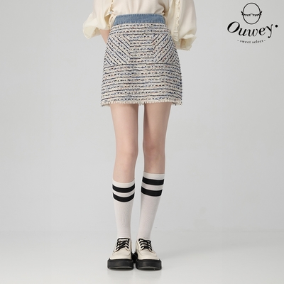 OUWEY歐薇 A字花呢拼接牛仔短裙(藍；S-L)