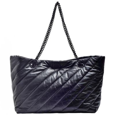 BALENCIAGA巴黎世家 BALENCIAGA 經典 Crush系列絎縫壓皺小牛皮鏈環提把手提/肩背包(中型-黑色)