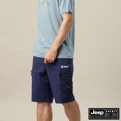 JEEP 男裝 品牌LOGO印花休閒短褲-深藍色