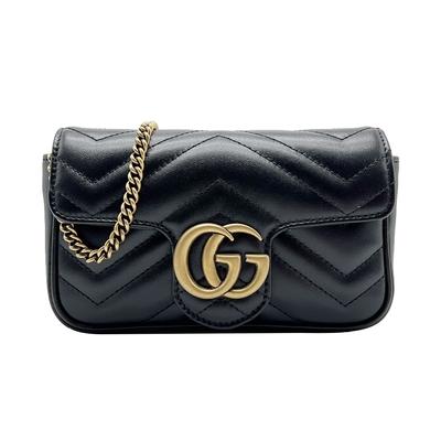 GUCCI Super Mini Marmont 仿舊金雙G牛皮釦式斜背包(476433-黑)