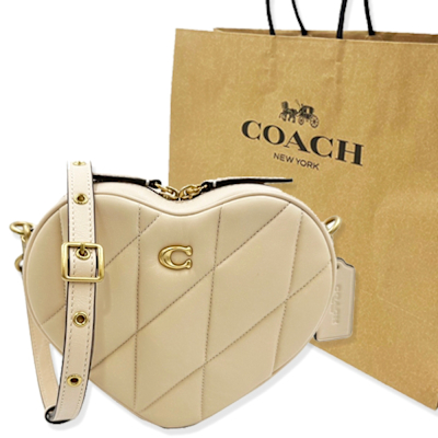 COACH 專櫃款HEART絎縫愛心小斜背包贈紙袋(裸膚)