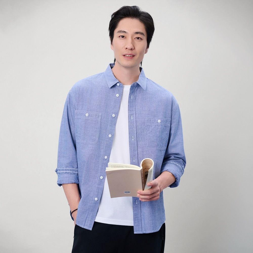 GIORDANO 男裝青年布工作風雙口袋寬鬆襯衫 - 28 海王星藍 (28 海王星藍)
