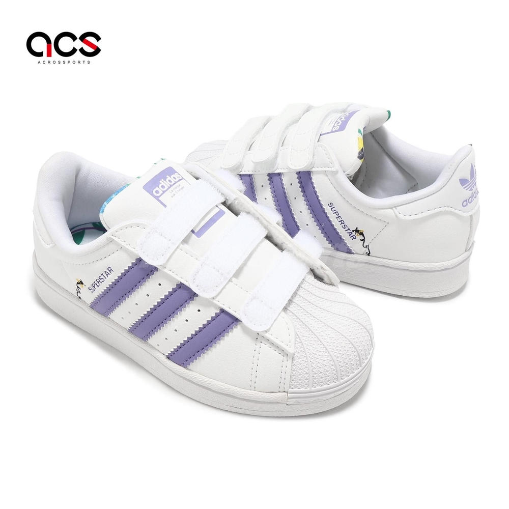 adidas 休閒鞋Superstar CF C 中童白紫皮革魔鬼氈小朋友三葉草貝殼頭愛