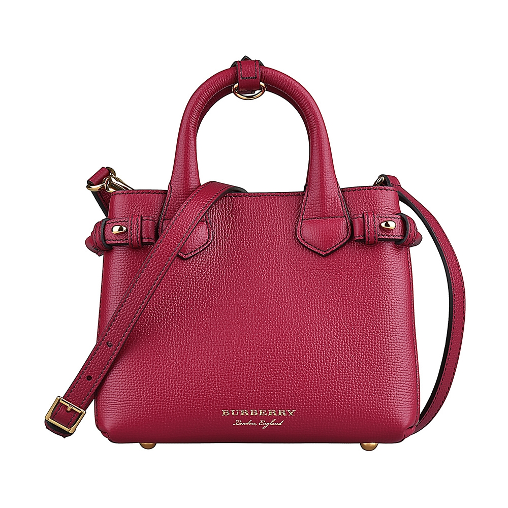 BURBERRY 巴寶莉  BABY BANNER燙金LOGO小牛皮接格紋織布釦式手提斜背包(紅)