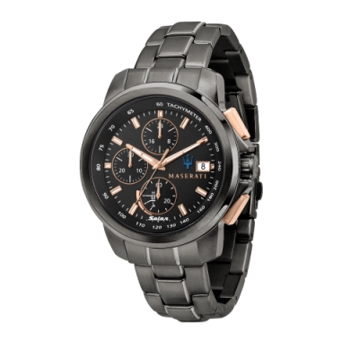 MASERATI 瑪莎拉蒂 SUCCESSO 太陽能玫瑰金黑鋼計時錶44mm(R8873645001)
