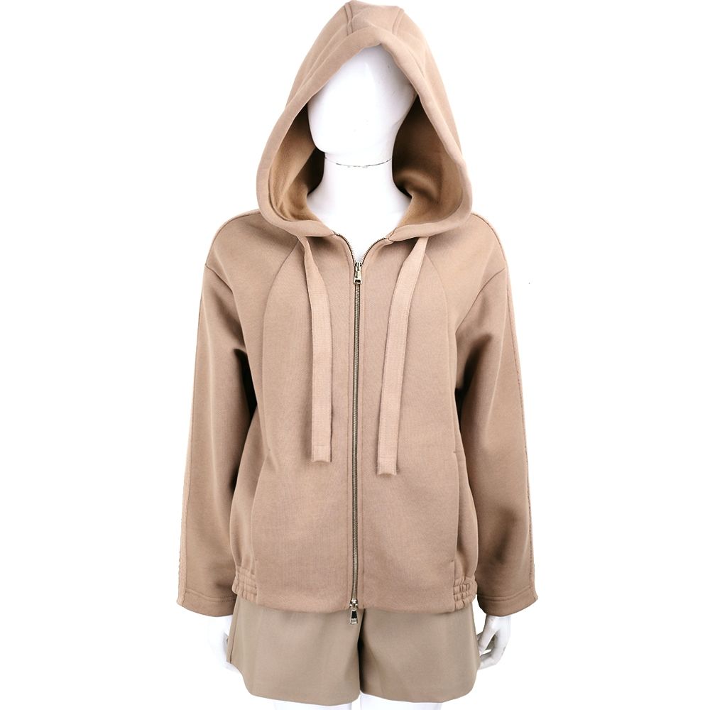 MAX MARA OMELIA 反面立體字母 卡其色純棉寬綁帶 連帽拉鍊外套 夾克