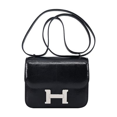 Hermes 愛馬仕 Constance 18cm B刻 蜥蜴皮斜背包(89黑/銀釦)