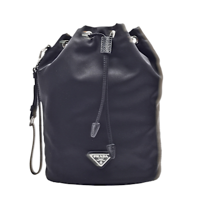 PRADA 經典品牌LOGO尼龍牛皮飾邊掛腕萬用束口包(黑)