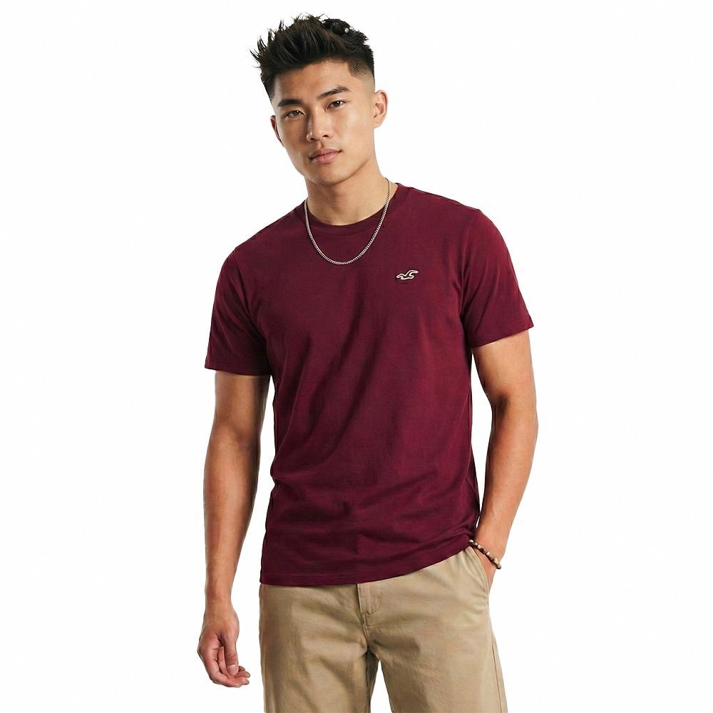 Hollister 海鷗 熱銷圓領海鷗素面短袖T恤-酒紅色