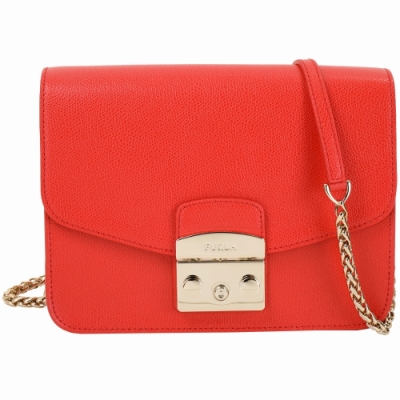 FURLA Metropolis 小型 壓釦鍊帶皮革肩背包(唇紅色)