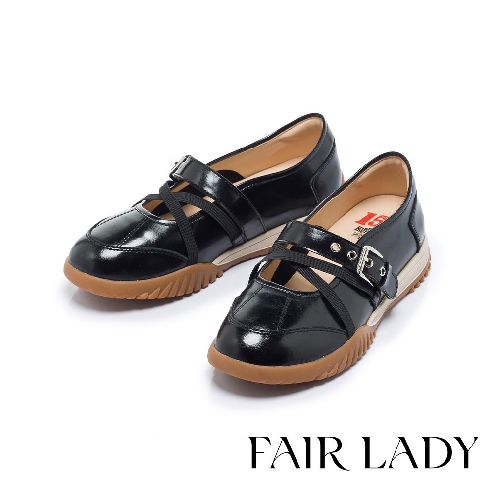 FAIR LADY 軟實力 交叉鬆緊帶寬版瑪莉珍休閒鞋 黑 (5M3280)