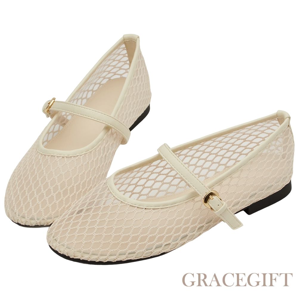 【Grace Gift】名人時尚透膚網面平底瑪莉珍鞋 杏