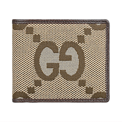 GUCCI JUMBO GG 顛倒雙G LOGO設計緹花帆布8卡對折短夾(棕)
