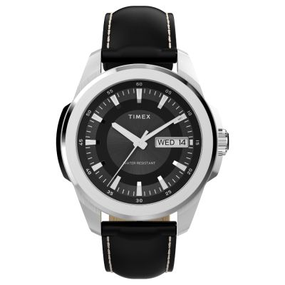 TIMEX 天美時 Essex Day and Date 都會魅力 45 毫米 皮革錶帶腕錶(黑 TXTW2Y20600)