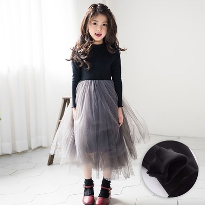 厚款木耳邊黑拼灰紗裙長袖洋裝 大童 連身裙 澎澎裙 連衣裙 刷毛 加厚 女童 兒童 童裝 橘魔法 現貨 【BB9014】